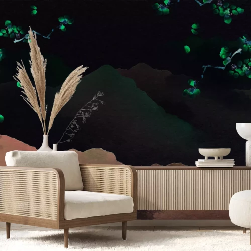 Fotobehang Aquarel schilderij van heuvels met kersenbloesems