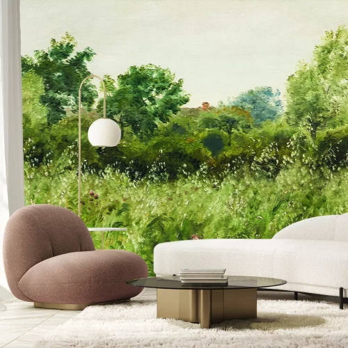 Fotobehang Geschilderd bospatroon met bomen en grassen