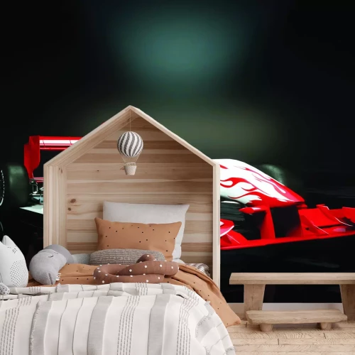 Fotobehang Een raceauto met rode vlammen