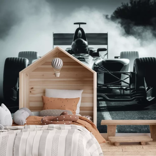 Fotobehang Zwart-witfoto van Formule 1 met coureur