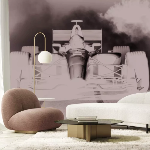 Fotobehang Zwart-witfoto van Formule 1 met coureur