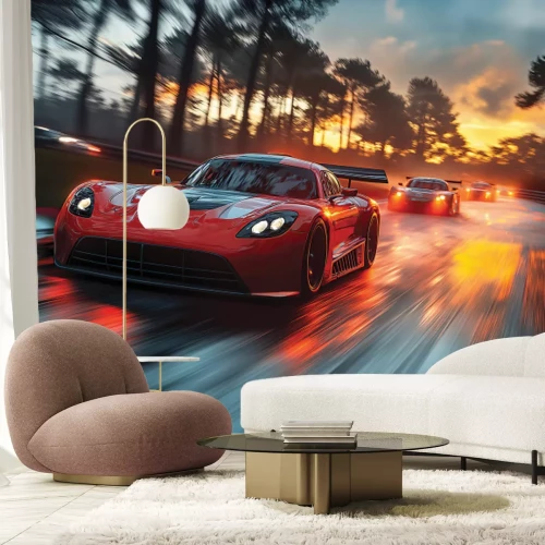 Fotobehang Een dynamische sportwagenrace bij zonsondergang