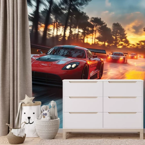 Fotobehang Een dynamische sportwagenrace bij zonsondergang