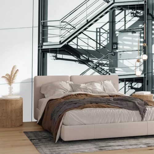 Fotobehang Moderne metalen trap met witte gevel