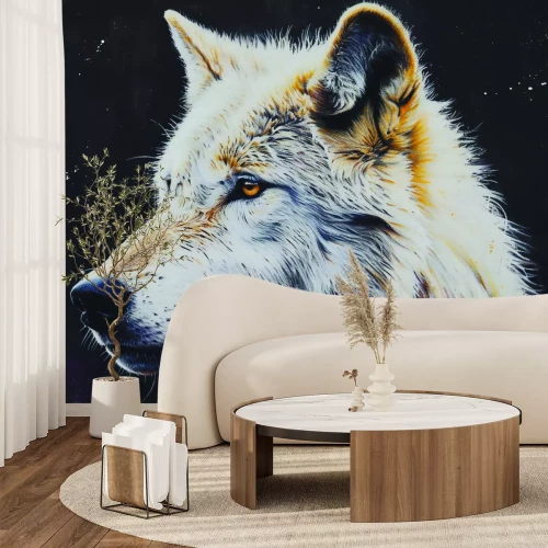 Fotobehang Portret van een wolf met een contrasterende donkere achtergrond