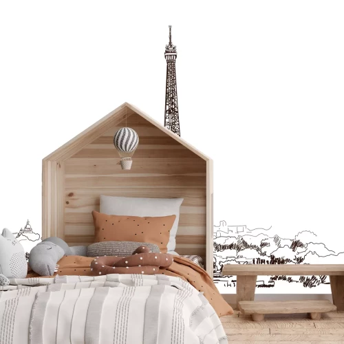 Fotobehang Een eenvoudige lijntekening van de Eiffeltoren met Parijs op de achtergrond.