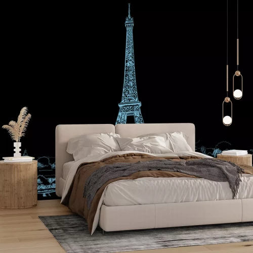 Fotobehang Een eenvoudige lijntekening van de Eiffeltoren met Parijs op de achtergrond.