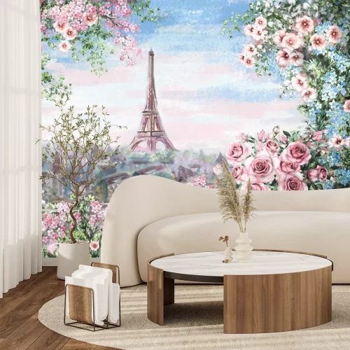 Fotobehang Een schilderachtig uitzicht op Parijs vanaf een balkon vol bloemen