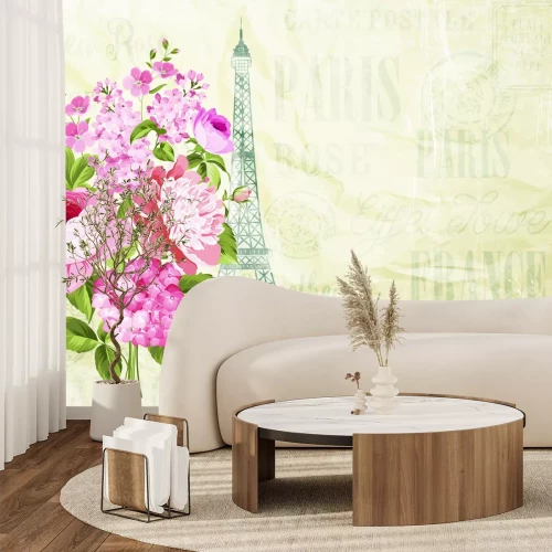 Fotobehang Bloemmotief met Parijse icoon en decoratieve typografie