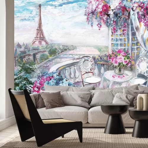 Fotobehang Romantisch bloementerras met uitzicht op Parijs