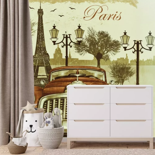 Fotobehang Een gestileerde retro-auto met de Eiffeltoren op de achtergrond