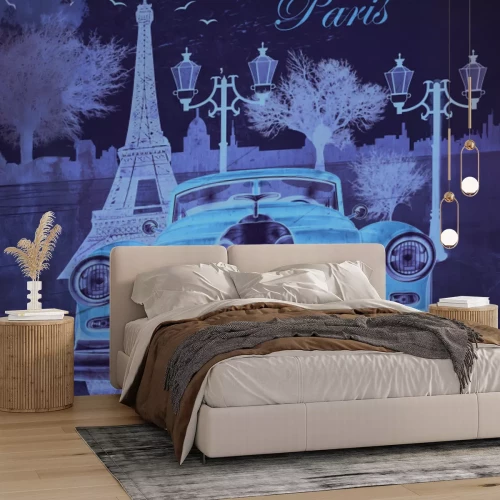 Fotobehang Een gestileerde retro-auto met de Eiffeltoren op de achtergrond