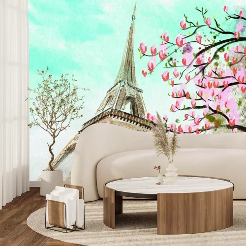 Fotobehang Pastelkleurig landschap met kersenbloesem en de Eiffeltoren
