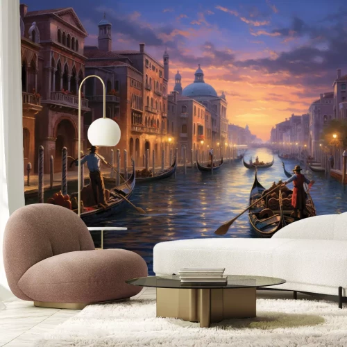 Fotobehang Romantisch uitzicht op gondeliers bij schemering in Venetië