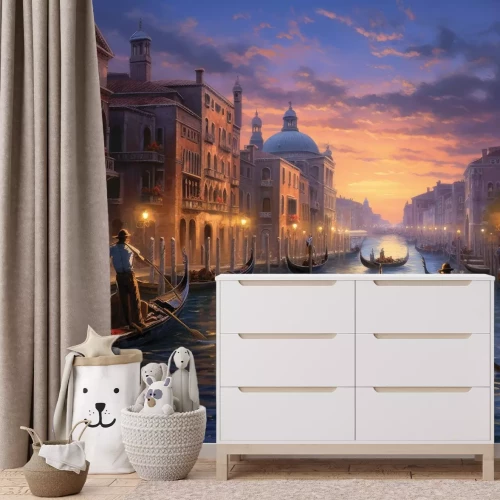 Fotobehang Romantisch uitzicht op gondeliers bij schemering in Venetië