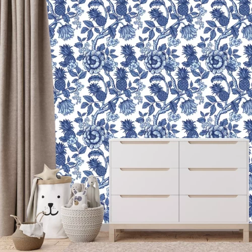 Fotobehang Exotische vegetatie met bloemen en sappige ananas