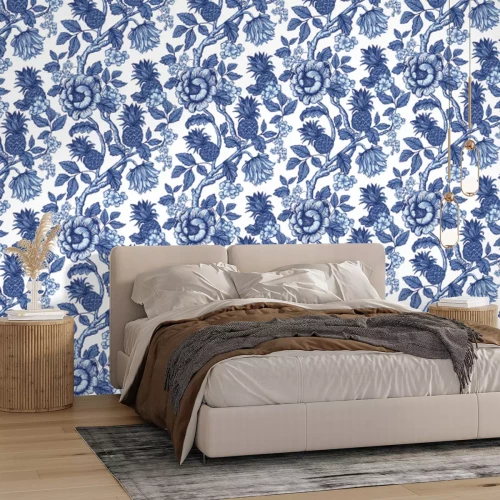 Fotobehang Exotische vegetatie met bloemen en sappige ananas