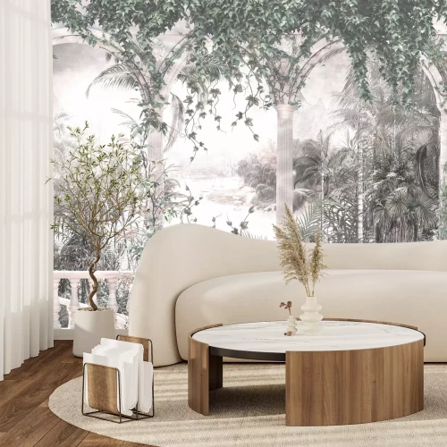 Fotobehang Terras met arcaden omgeven door een tropische tuin