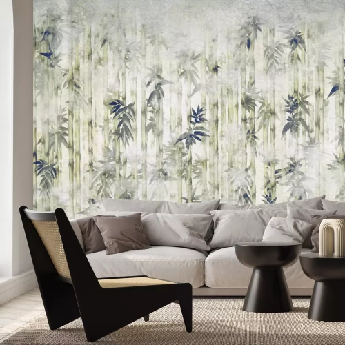 Fotobehang Bamboebomen met bladeren gehuld in mist