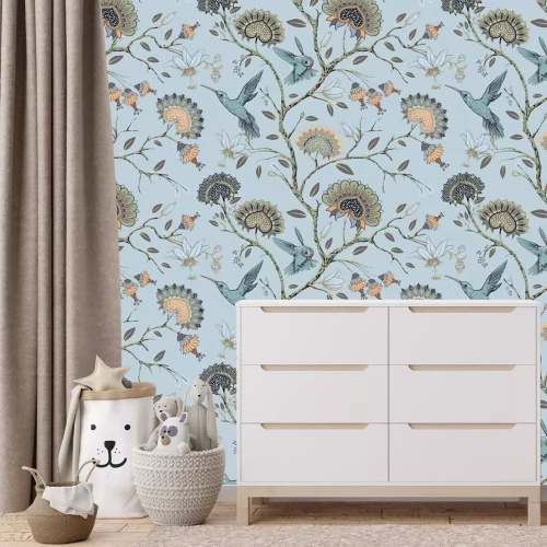 Fotobehang Een magisch moment met vogels tussen de bloeiende takken