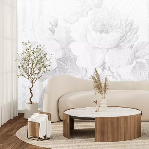 Fotobehang Een subtiele tekening van rozenbloemen en bladeren