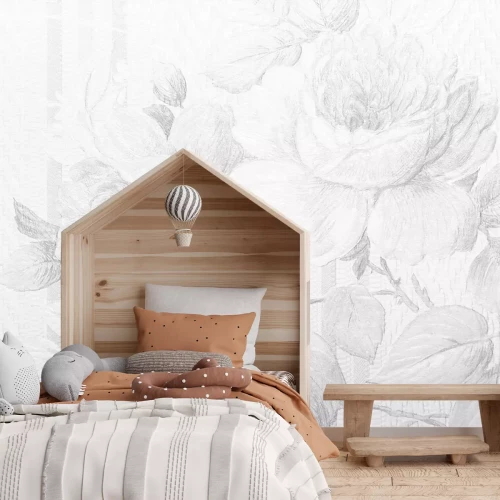 Fotobehang Een subtiele tekening van rozenbloemen en bladeren