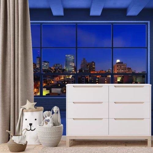 Fotobehang Panorama van de stadslichten &#39;s nachts vanuit het raam