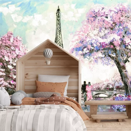 Fotobehang Aquarel van Parijs met kersenbloesems