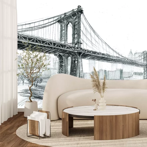 Fotobehang Architectonische schets van de brug en het stadspanorama