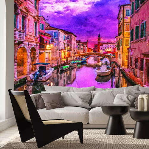 Fotobehang Een schilderachtig tafereel van Venetiaanse kanalen met gondels en een kathedraal
