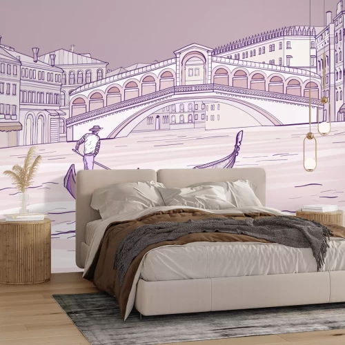 Fotobehang Tekening van een gondelier op een Venetiaans kanaal met een brug