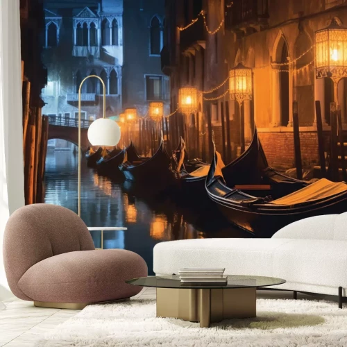 Fotobehang Romantisch grachtengezicht met huurkazernes en gondels