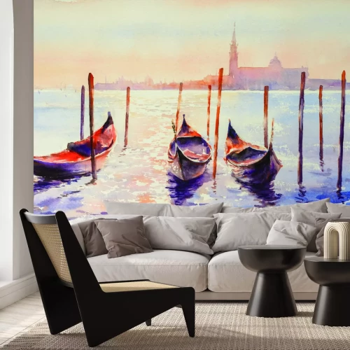 Fotobehang Met de hand beschilderde gondels tegen de achtergrond van de ondergaande zon