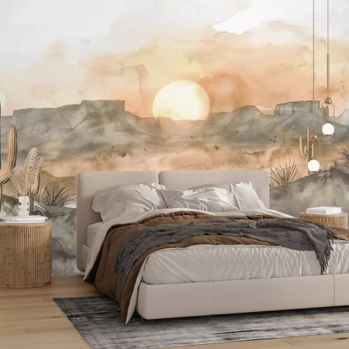 Fotobehang Aquarel woestijnlandschap met cactussen en bergen