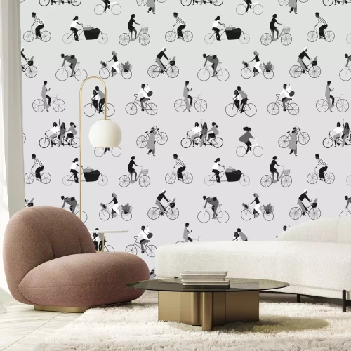 Fotobehang Monochroom patroon met silhouetten van fietsers