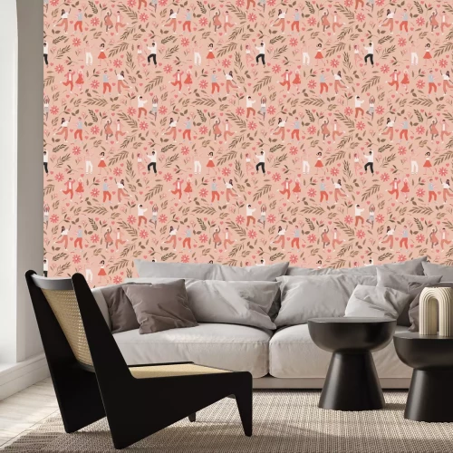 Fotobehang Silhouetten van dansers in het midden van een bloementuin