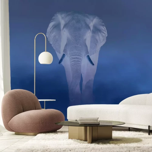 Fotobehang Een mysterieuze olifant die door de mistige woestijn stapt