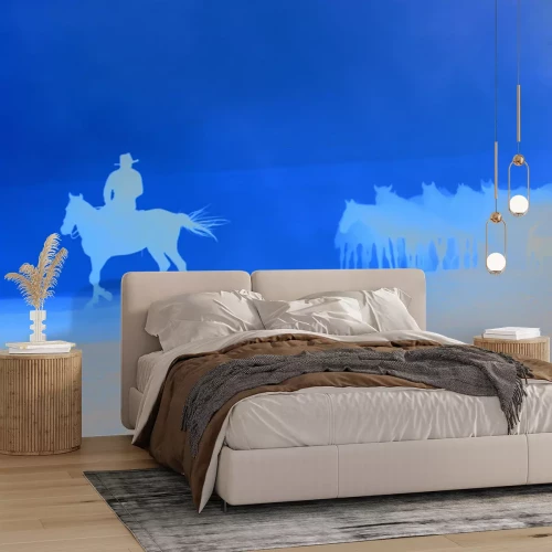 Fotobehang Een reiziger met paarden die de woestijn doorkruist