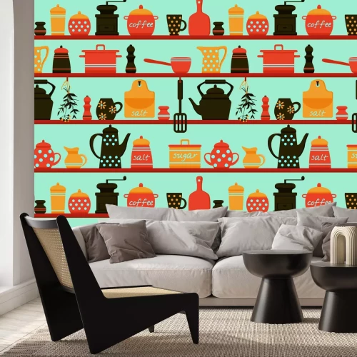 Fotobehang Porseleinen servies op houten planken