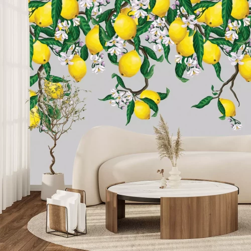 Fotobehang Sappige citroenen omgeven door bloemen en bladeren