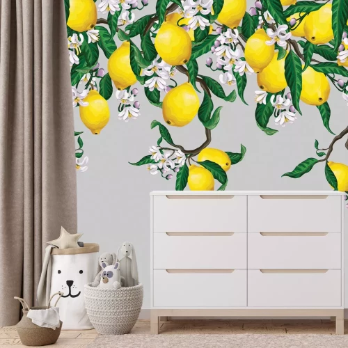 Fotobehang Sappige citroenen omgeven door bloemen en bladeren