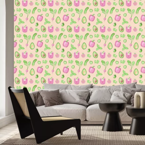 Fotobehang Verse paprika&#39;s en komkommers tussen een groenteboeket