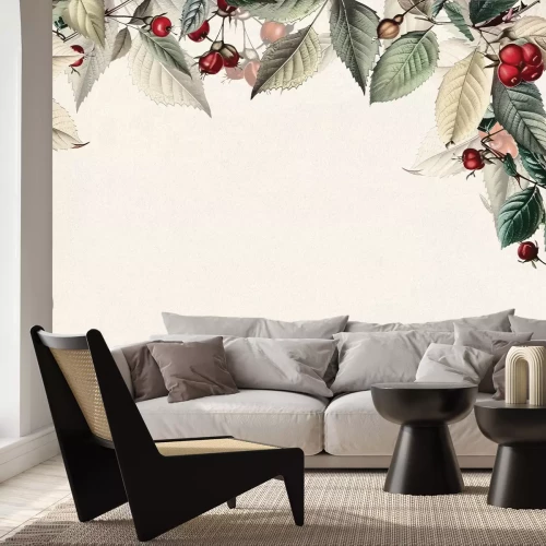 Fotobehang Lijsterbestakjes met rode vruchten en groene bladeren