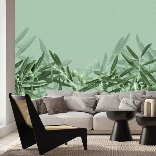 Fotobehang Aquarel olijftakken in tinten groen