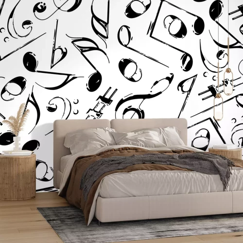Fotobehang Zwart-wit tekening van muzieknoten