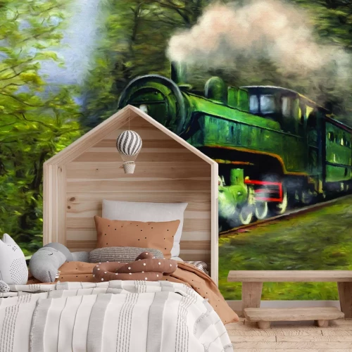 Fotobehang Illustratie van een locomotief die door een groen bos rijdt