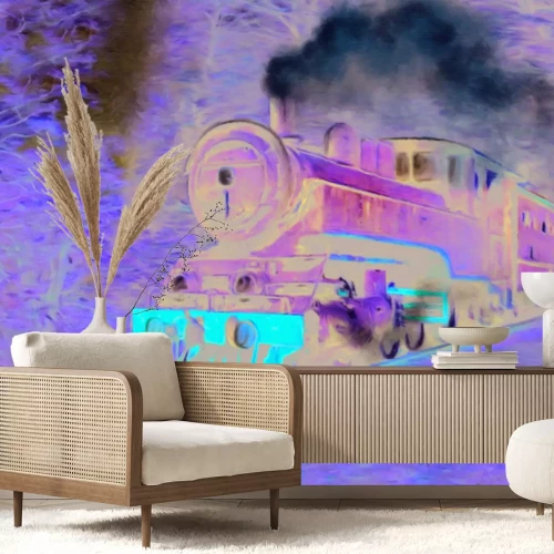 Fotobehang Illustratie van een locomotief die door een groen bos rijdt