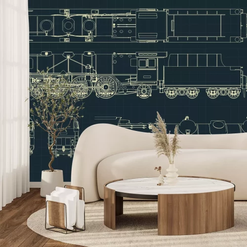 Fotobehang Schets van de mechanische onderdelen van de locomotief