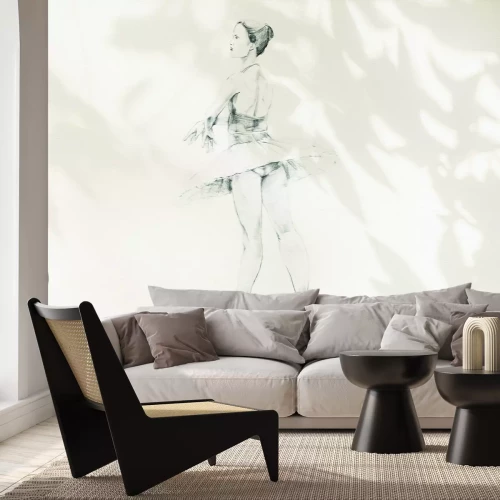 Fotobehang Een subtiele tekening van een ballerina op een lichte achtergrond