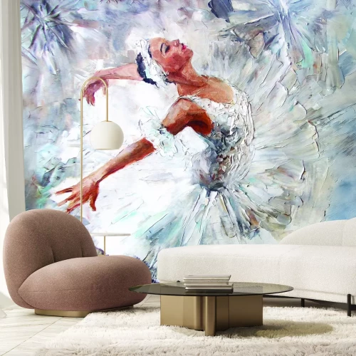 Fotobehang Een met de hand geschilderde afbeelding van een ballerina in een witte jurk